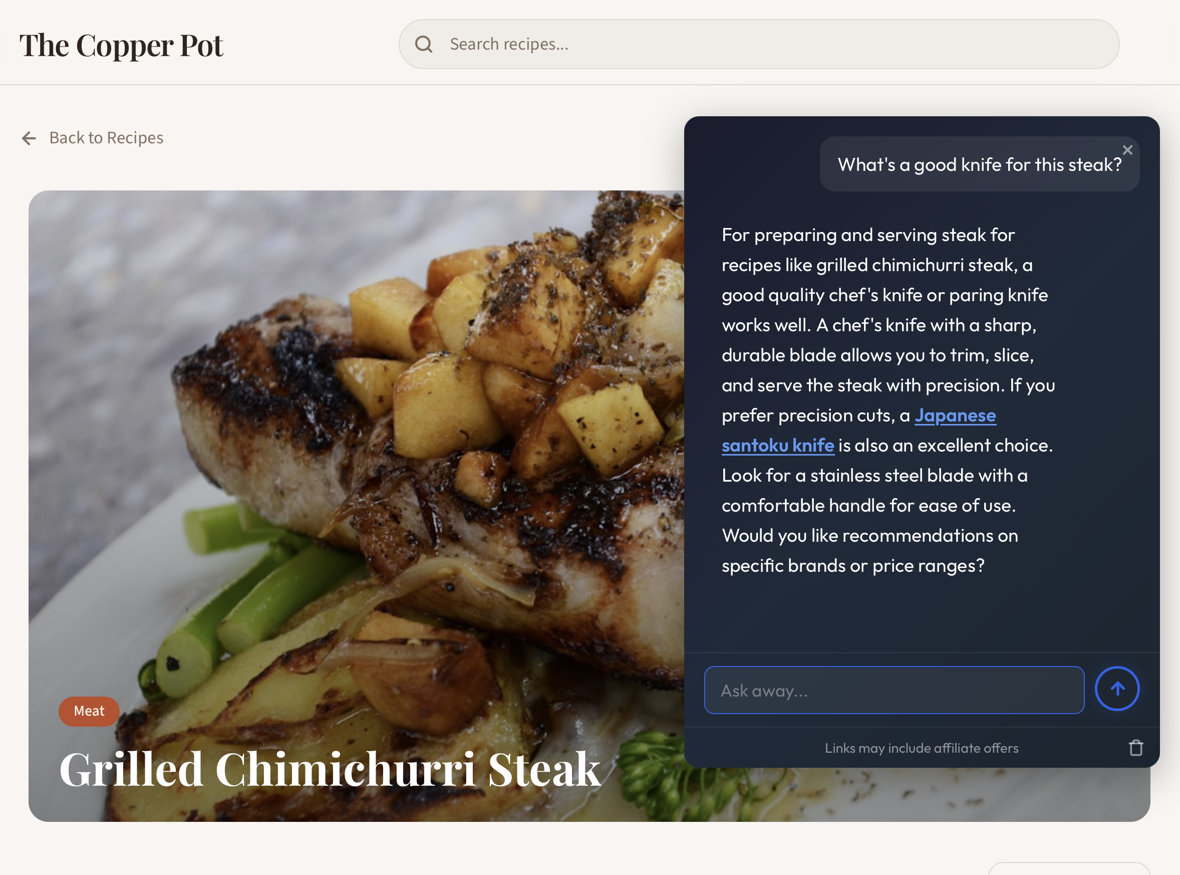 Grilled Chimichurri Steak recipe page on The Copper Pot with the ChatAside widget open